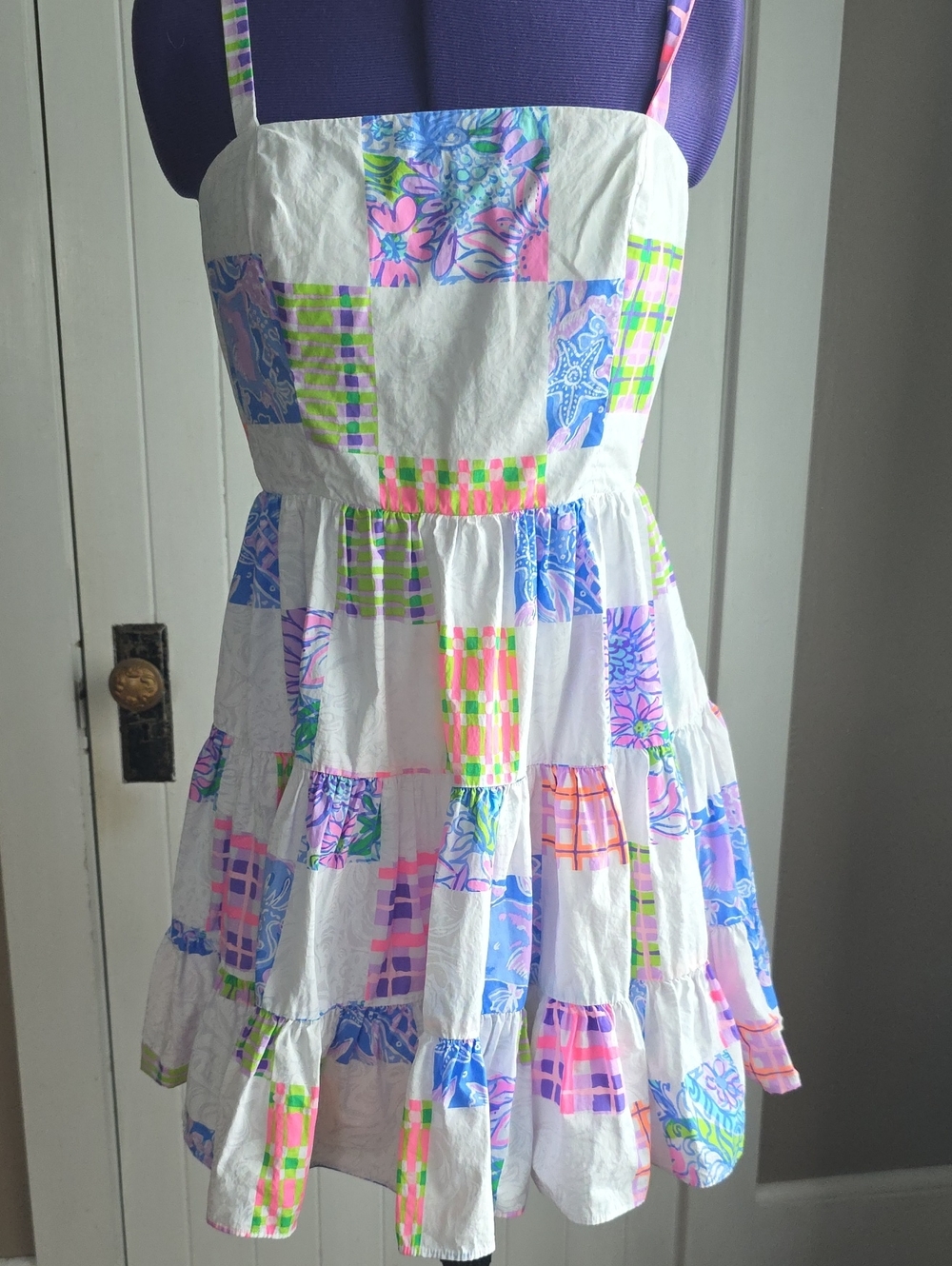 Lilly Pulitzer White Patchwork Sundress with Pink, Purple and Neon Green Accents